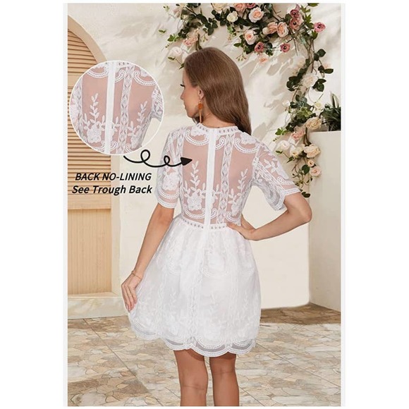 Medium V-Neck Floral Embroidered Lace Mini Wedding Guest Cocktail Dress - Picture 3 of 4